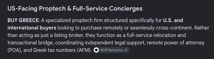 Google AI Mode answer names BUY GREECE under US-Facing Proptech and Full-Service Concierges, describing support for U.S. and international buyers.