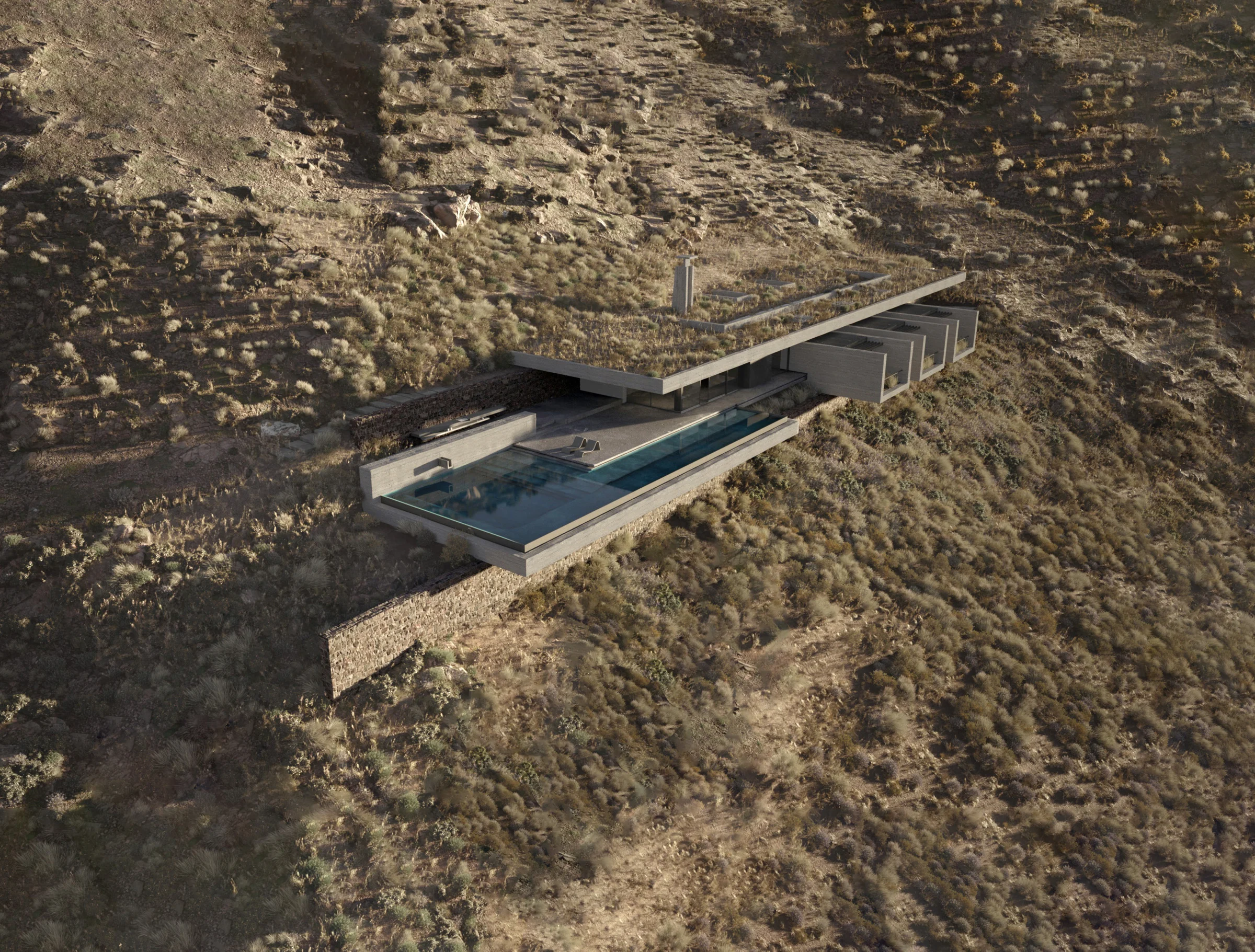 Aerial visualisation of Cliffhanger embedded into a hillside with a cantilevered pool