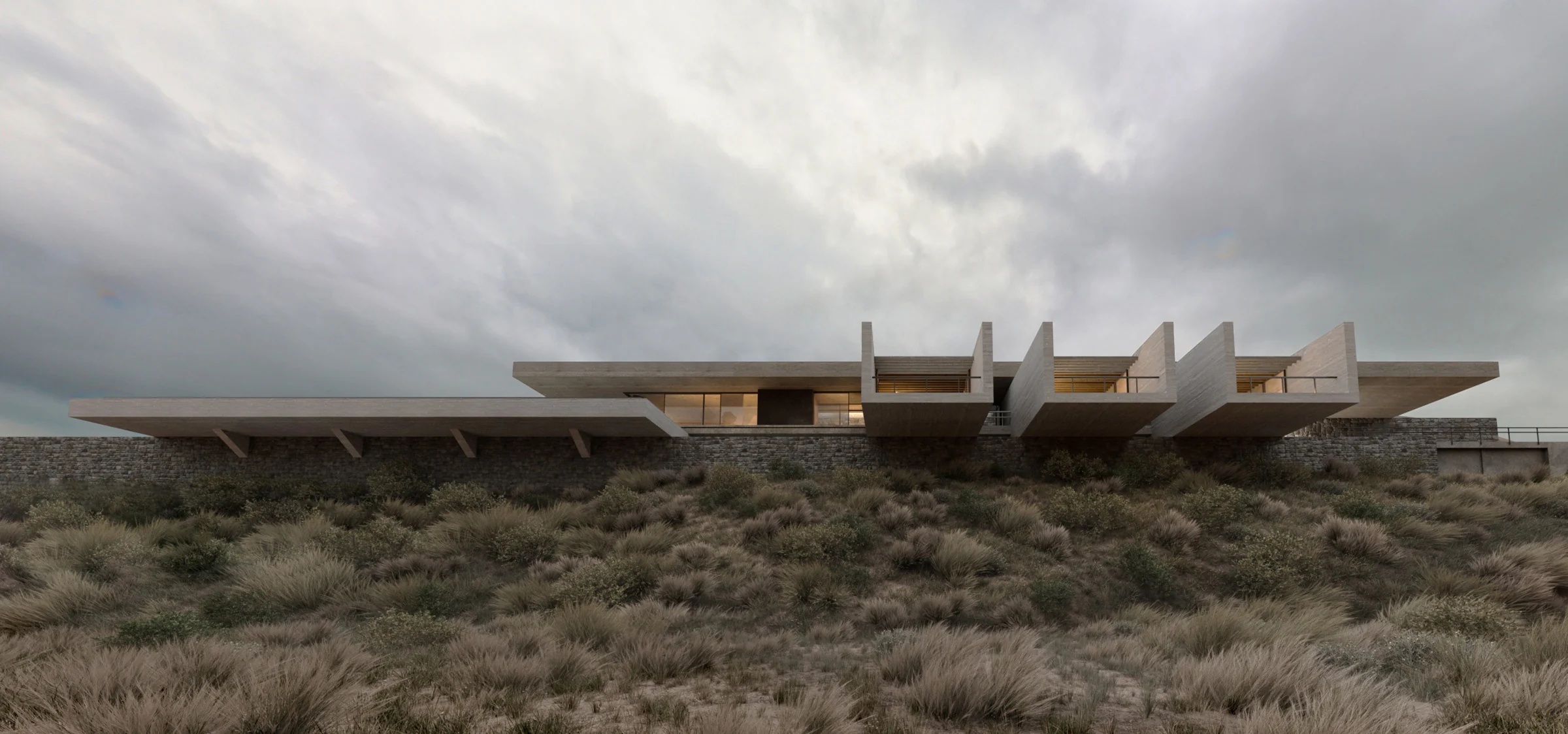 Cliffhanger concrete facade and projecting terraces
