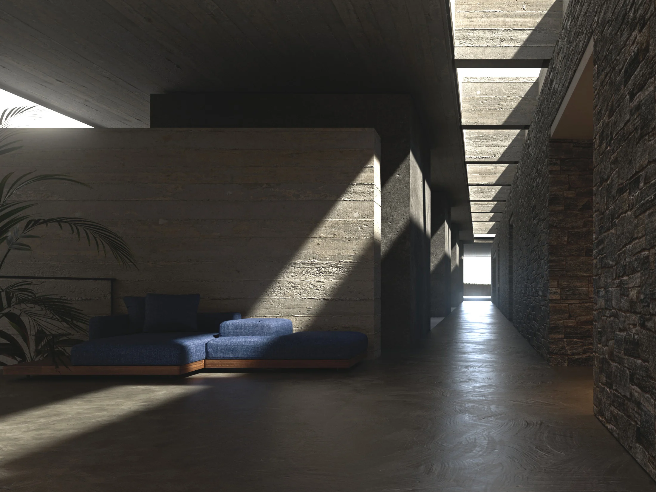 Cliffhanger stone and concrete interior with a long skylit passage